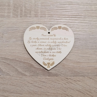 Drevená dekorácia - srdce s textom "Pani učiteľke..." 10x9cm (hr. 4mm)